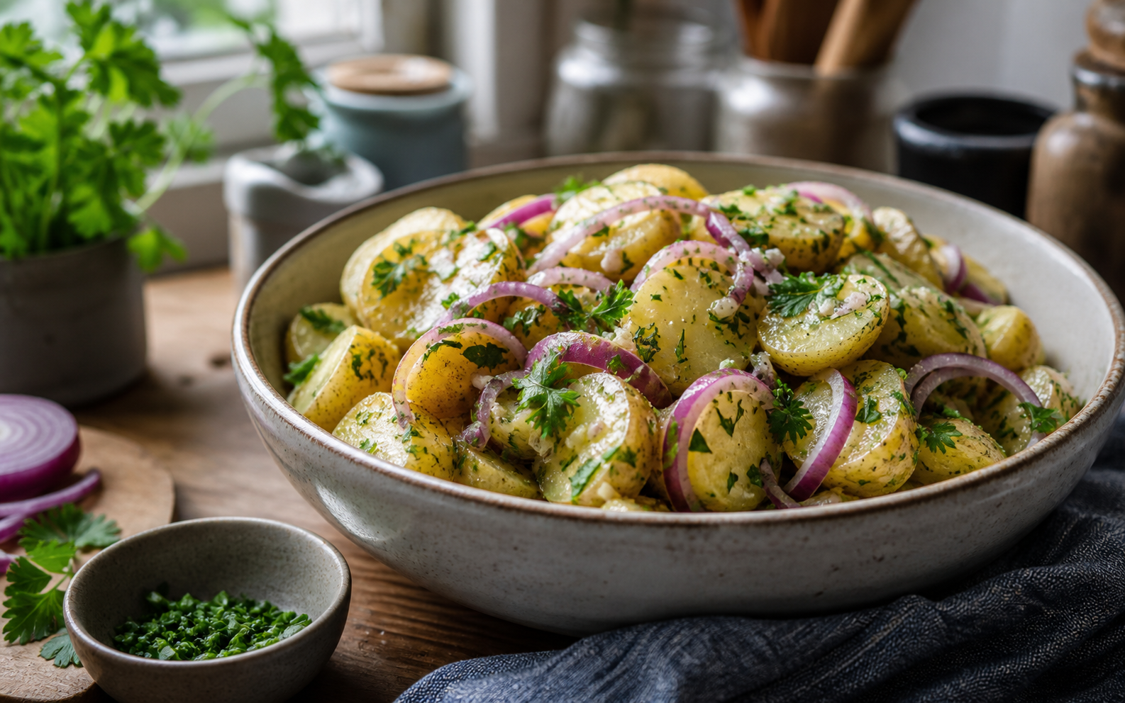 Lauwarmer Kartoffelsalat mit Kräutern in einer hellen Schale